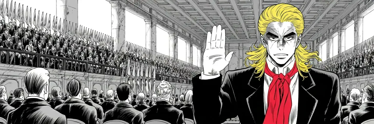 Manga panel 6 of 6, Week 501 “The Rotunda”: Under the dome, hand on the family Bible, thirty-five words that take fourteen seconds — and the return is finished.