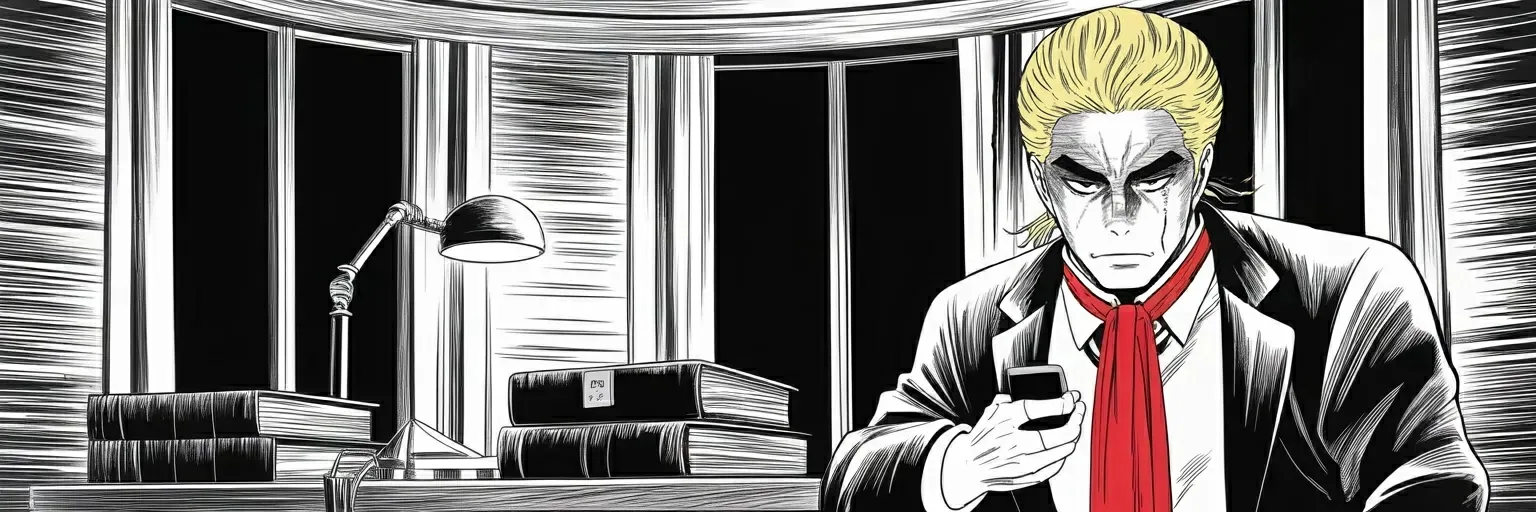 Manga panel 1 of 6, Week 502 “The First Midnight”: Twenty-eight minutes past midnight on the first full day, the folders signed and the balls barely emptied, he is still working — and the first post of the second term goes out.