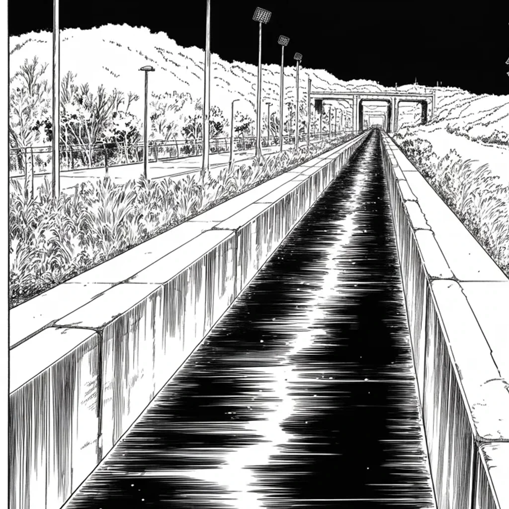 Manga panel 5 of 6, Week 502 “The First Midnight”: Monday night the Army opens the taps in California, and the water arrives as a press release: enjoy it.