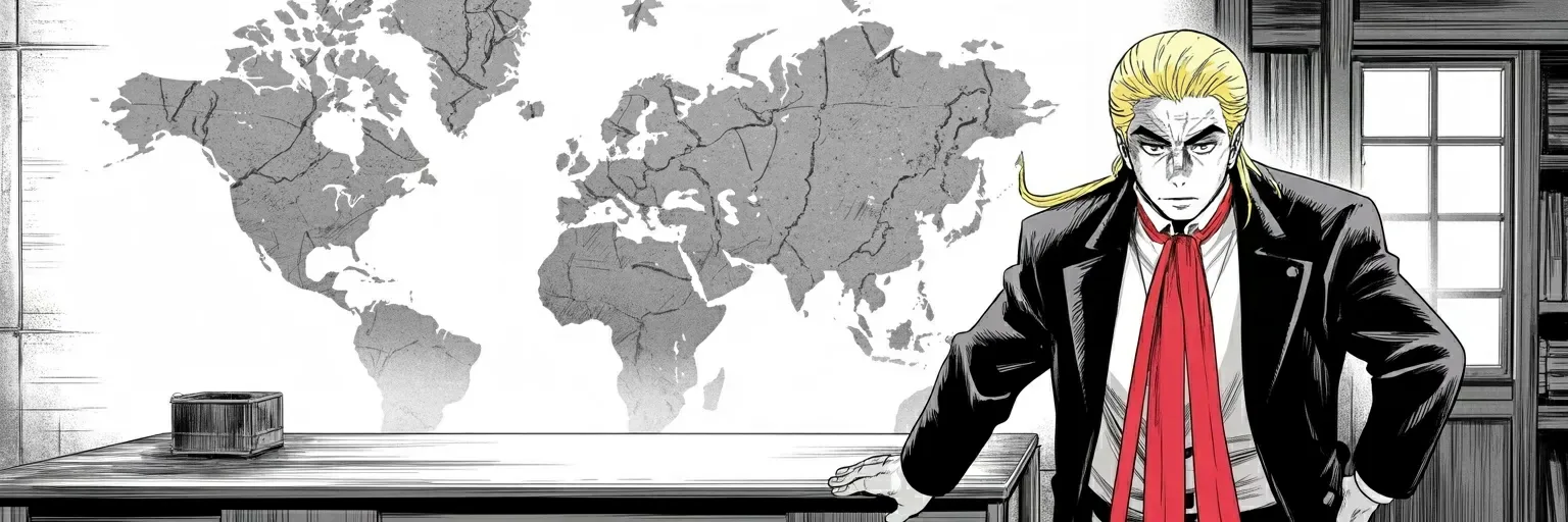 Manga panel 6 of 6, Week 502 “The First Midnight”: Between two orders, on Wednesday morning, a paragraph that is not an order at all: sixty million dead in a war eighty years gone, and a favour he intends to do.