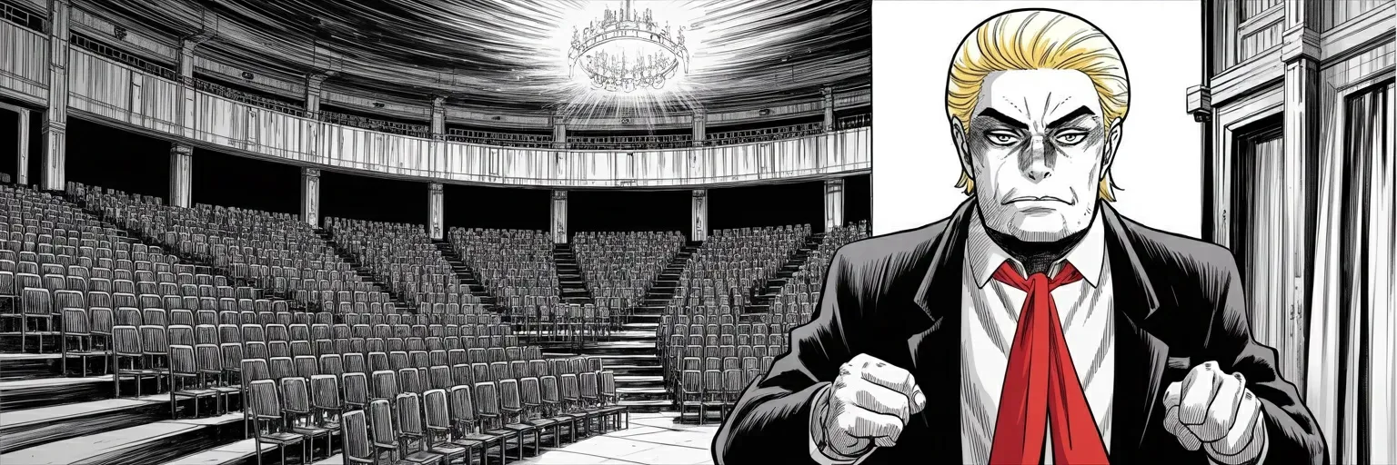 Manga panel 5 of 5, Week 504 “The Gulf”: He removes the board of the national arts centre and installs himself as its chairman — the first time the golden age is a job title rather than a slogan.