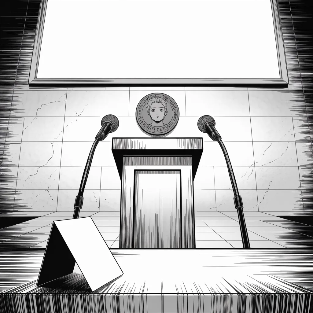 Manga panel 4 of 6, Week 512 “Liberation Day”: The central bank is instructed by post to cut rates and stop playing politics. It does not, and the lectern stays empty all week.