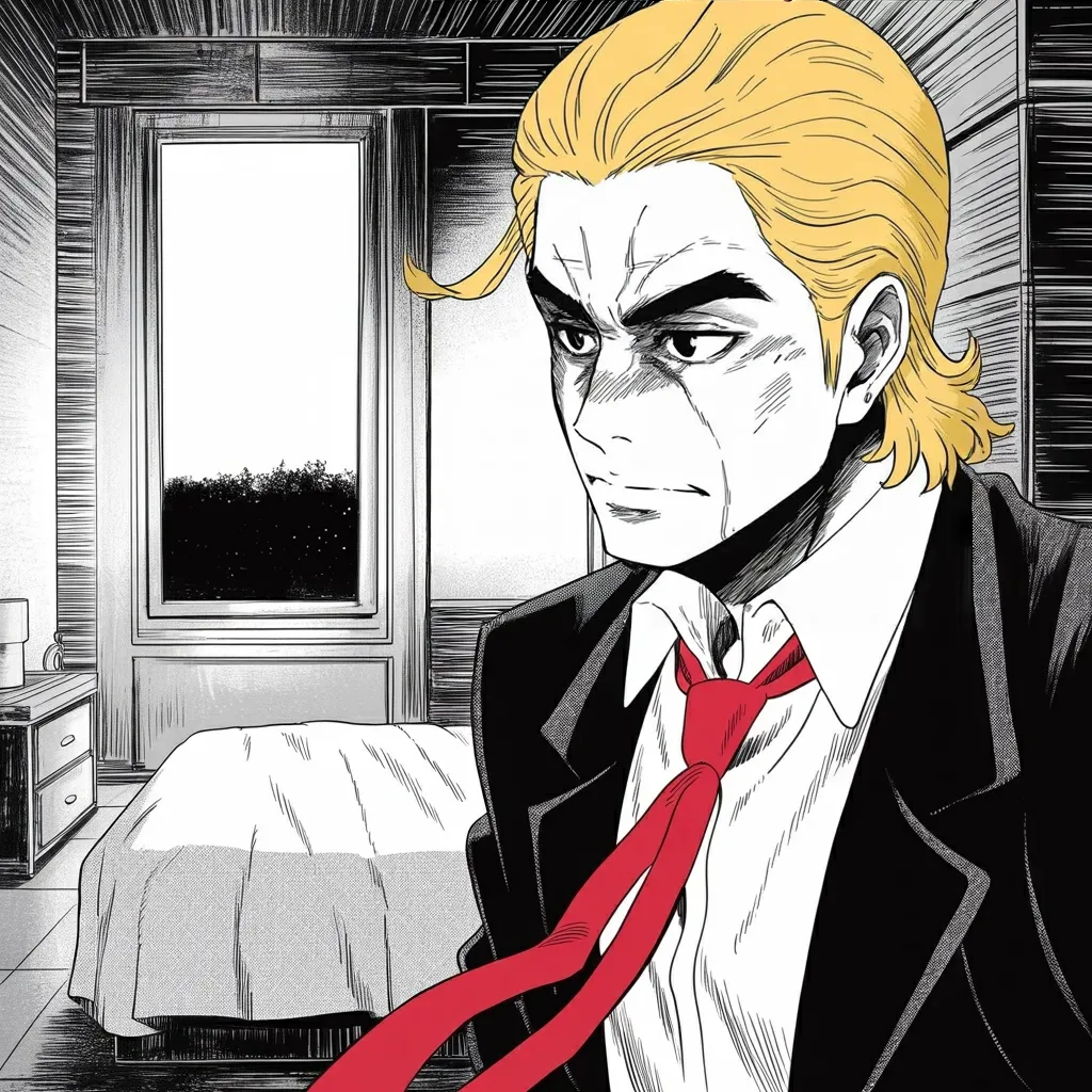 Manga panel 4 of 6, Week 513 “The Pause”: Quarter to one in the morning. Four words about the day, posted from a dark room with the phone face down on his knee.