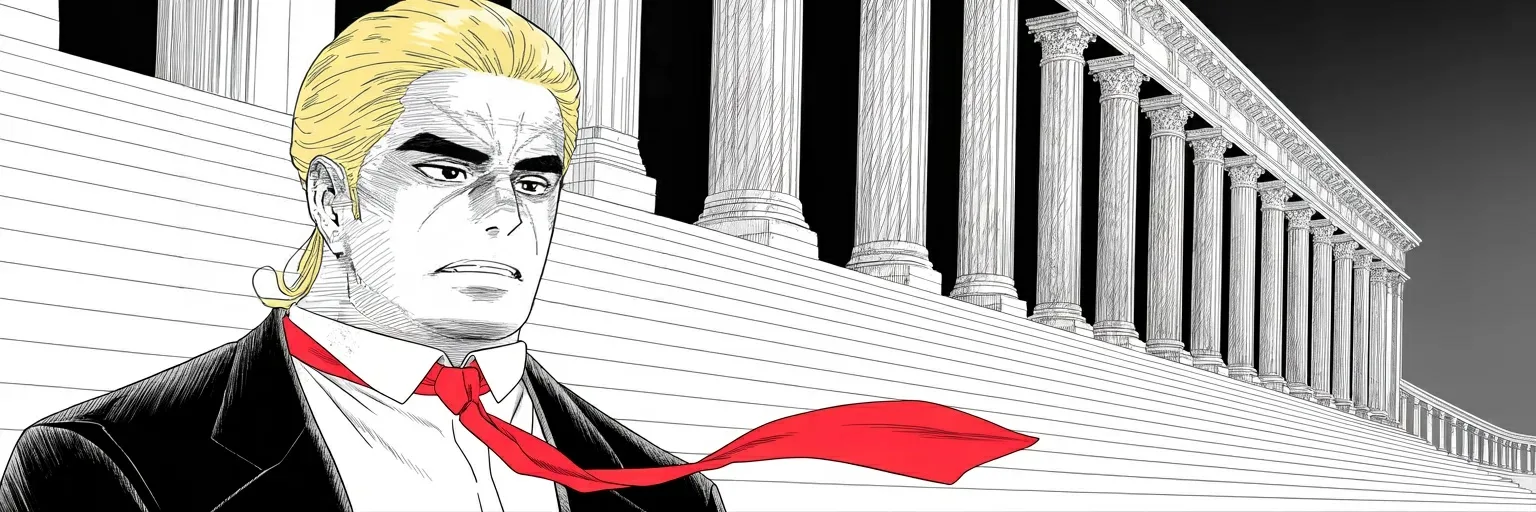 Manga panel 6 of 6, Week 514 “Out Of Control”: By Monday evening the argument has climbed as far as it can climb, and he says out loud that the highest court in the country is in his way.