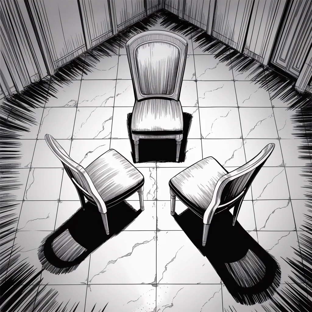 Manga panel 3 of 5, Week 515 “Vladimir, Stop”: Chairs carried into a side chapel and set facing each other, and left empty. Fifteen minutes, no table, no aides — the only negotiation of the spring held in a room.