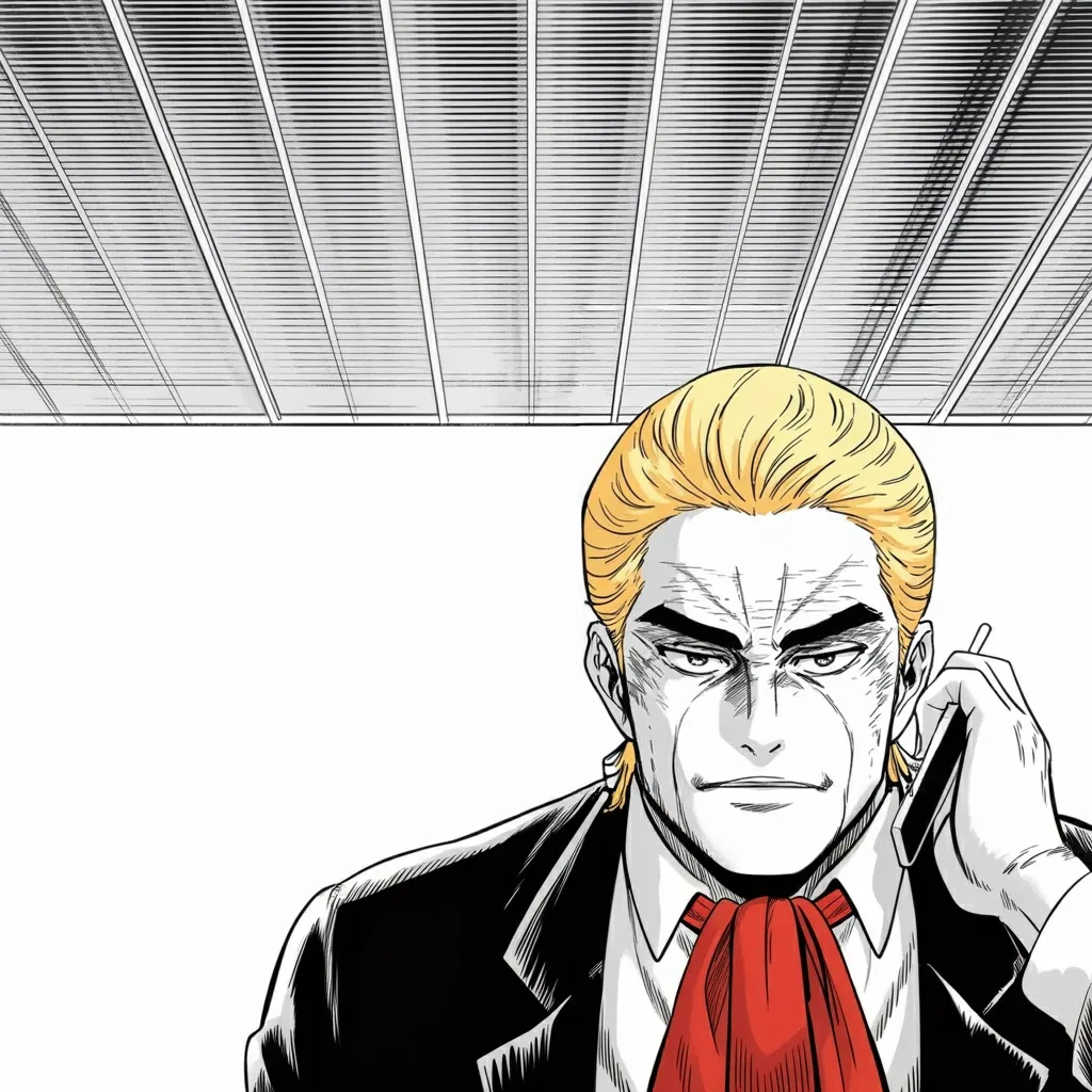 Manga panel 4 of 5, Week 517 “Most Favored Nation”: Half past two on a Sunday. He announces that his next post will be the most important he has ever written, and then lets it sit there for four hours.