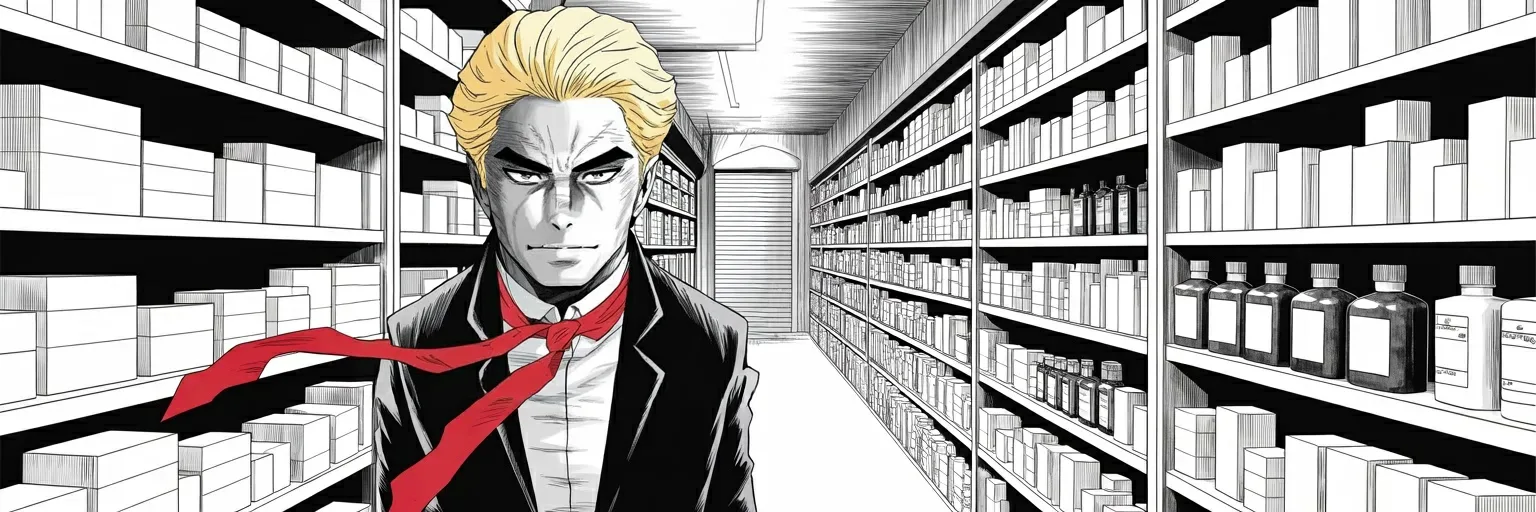 Manga panel 5 of 5, Week 517 “Most Favored Nation”: What arrives at twenty past six is a wall of capitals about why a pill costs five times more here than in the country that made it.