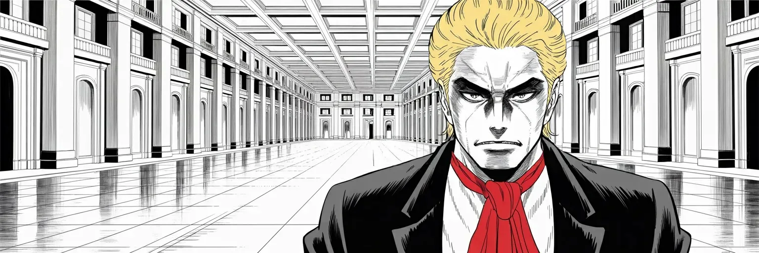 Manga panel 1 of 6, Week 518 “Not Like That”: Four days in the Gulf, two trillion dollars of commitments in three of them, and marble halls built for exactly this kind of arrival.