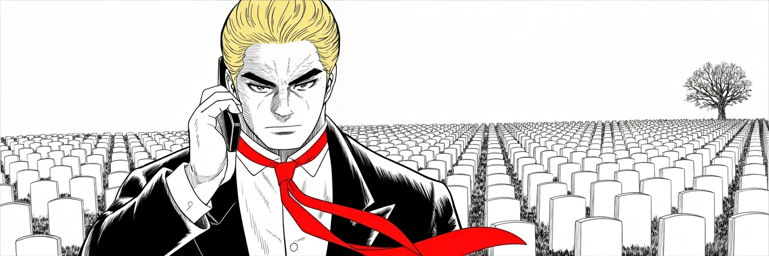 Manga panel 5 of 5, Week 519 “One Vote”: A holiday greeting in capital letters that runs three hundred words, most of them addressed to the people he hates, posted from a field of headstones.
