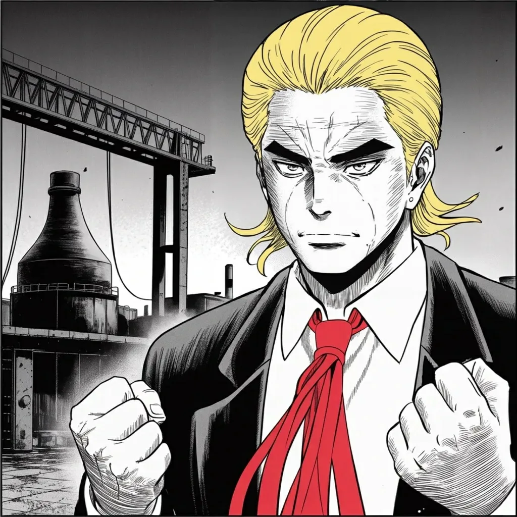 Manga panel 4 of 6, Week 520 “Cold Turkey”: Friday evening, from a mill floor: steel and aluminium double to fifty percent, effective the following Wednesday.