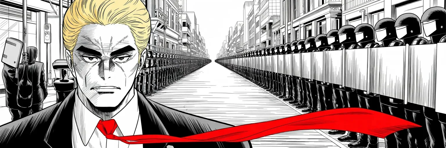 Manga panel 6 of 6, Week 521 “Bring In The Troops”: Monday afternoon he issues rules of engagement in rhyme, and attributes the line, in the third person, to the President of the United States.
