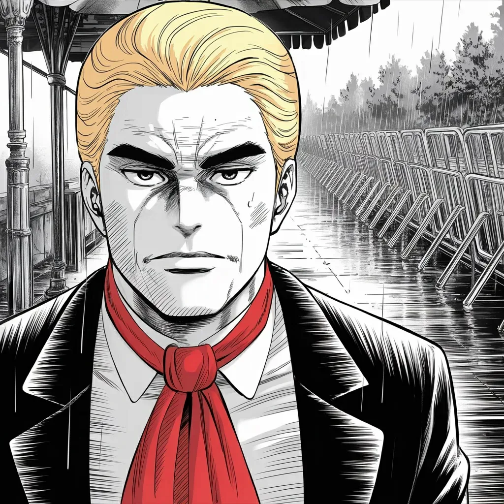 Manga panel 4 of 6, Week 522 “Day 61”: It rains on the parade, on his birthday, and he decides in public that a rainy day parade brings good luck.