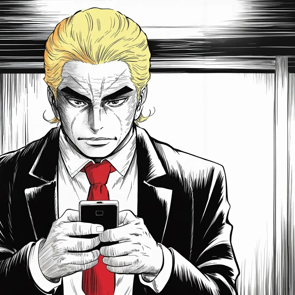 Manga panel 2 of 6, Week 523 “The 12 Day War”: On a Saturday evening the country finds out from his feed that its bombers have already been over Iran and are on their way home.