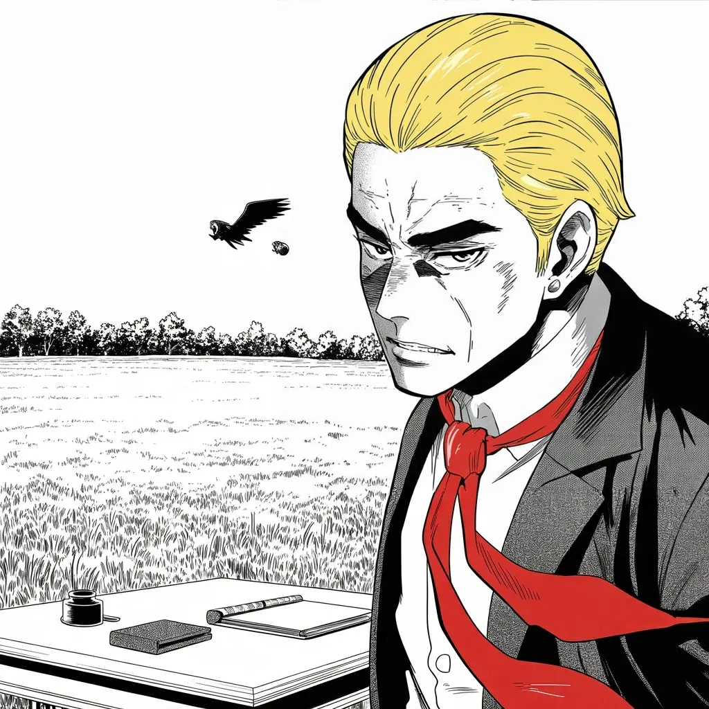 Manga panel 3 of 5, Week 525 “Train Wreck”: He signs it at a picnic on the Fourth of July while the same bombers that flew to Iran come in low over the trees.