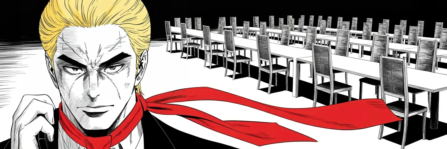 Manga panel 5 of 5, Week 526 “One Team”: His own supporters turn on his own Attorney General over the files, and he tells them, in public, that they are all on one team.