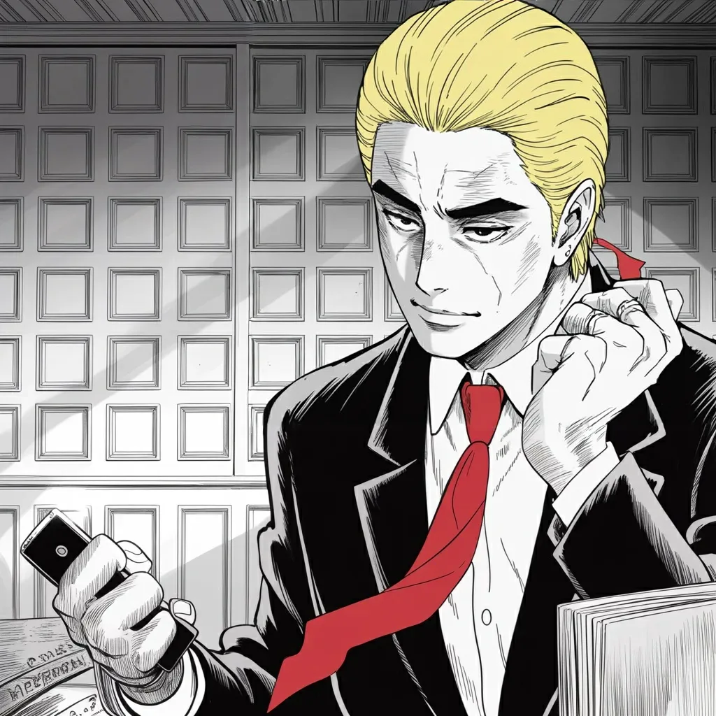 Manga panel 4 of 5, Week 527 “Powerhouse Lawsuit”: By Friday night the suit is filed against the paper, its owners and the authors, and he says he is looking forward to the depositions.