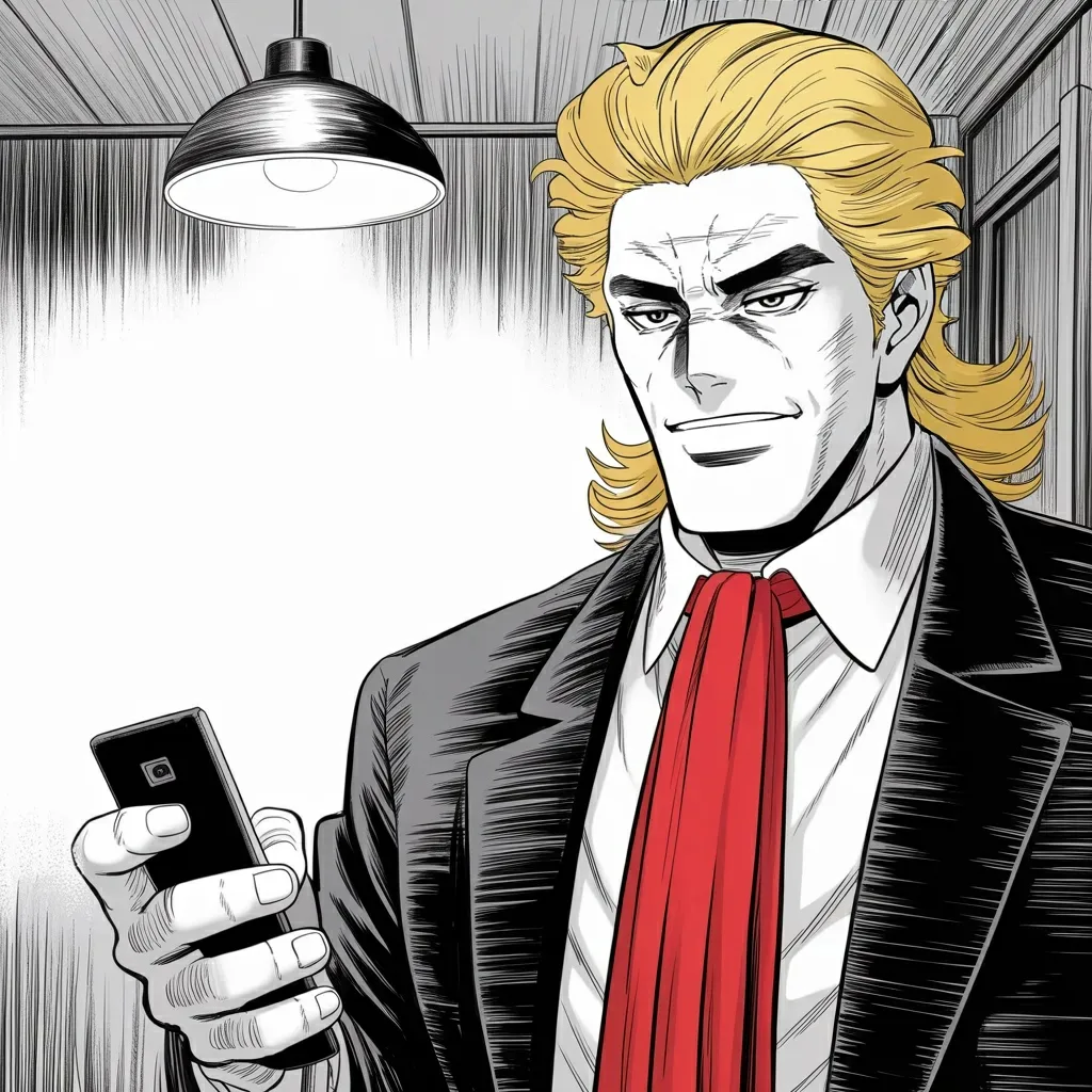 Manga panel 3 of 6, Week 528 “President Of Peace”: Just after midnight in his own timezone he announces five hundred and fifty billion dollars from Japan, invested at his direction.