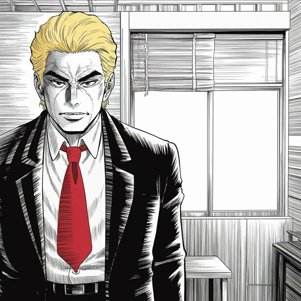 Manga panel 4 of 6, Week 528 “President Of Peace”: The wrestler who spoke at his convention dies, and for one post the noise stops.
