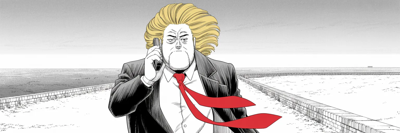 Manga panel 6 of 6, Week 528 “President Of Peace”: Fourteen minutes later, two countries he has never governed stop shooting because he telephoned them, and he gives himself a title.