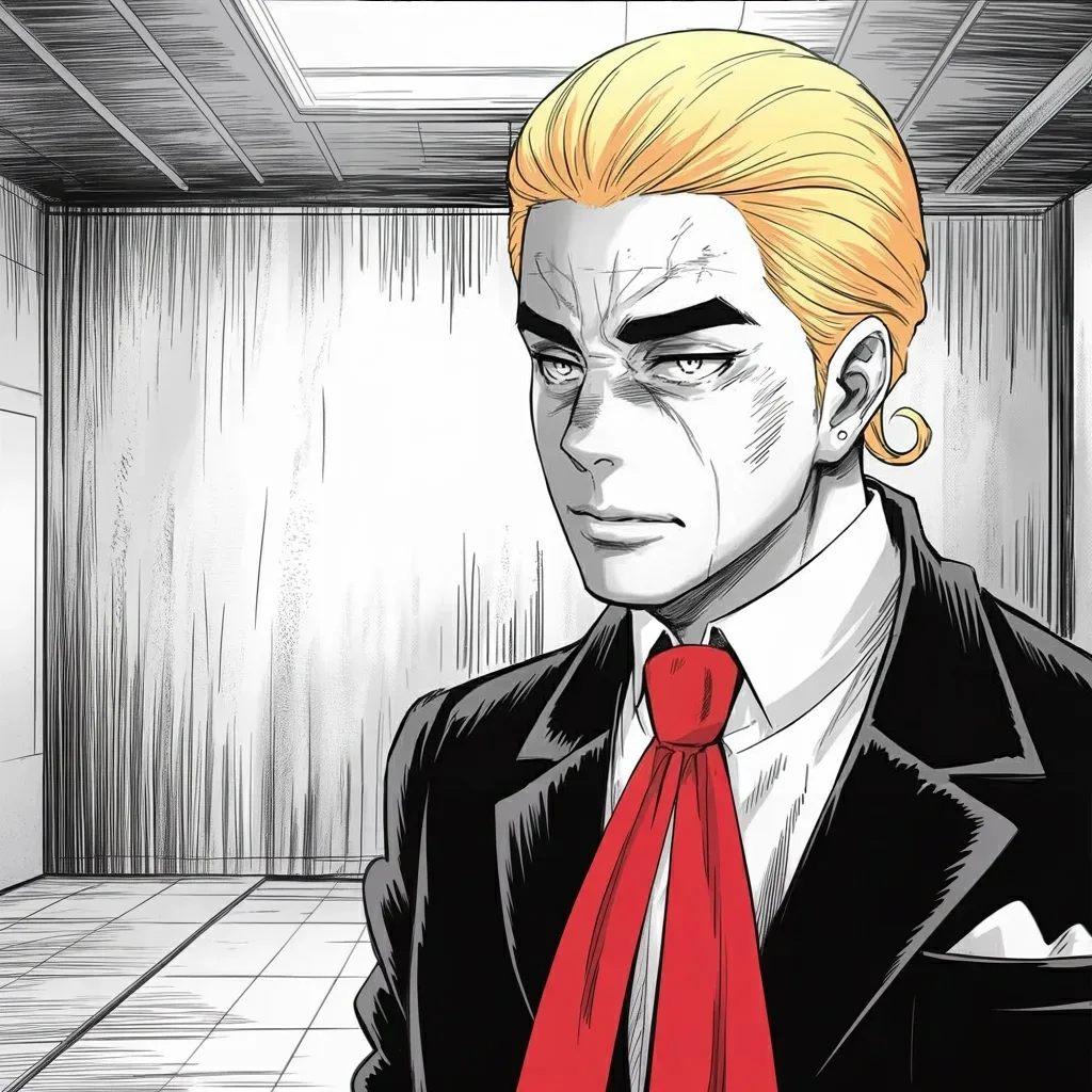 Manga panel 3 of 6, Week 533 “RICO”: Eight hours later he says a financier and his son should be charged under the racketeering statute, and that he is watching their friends.