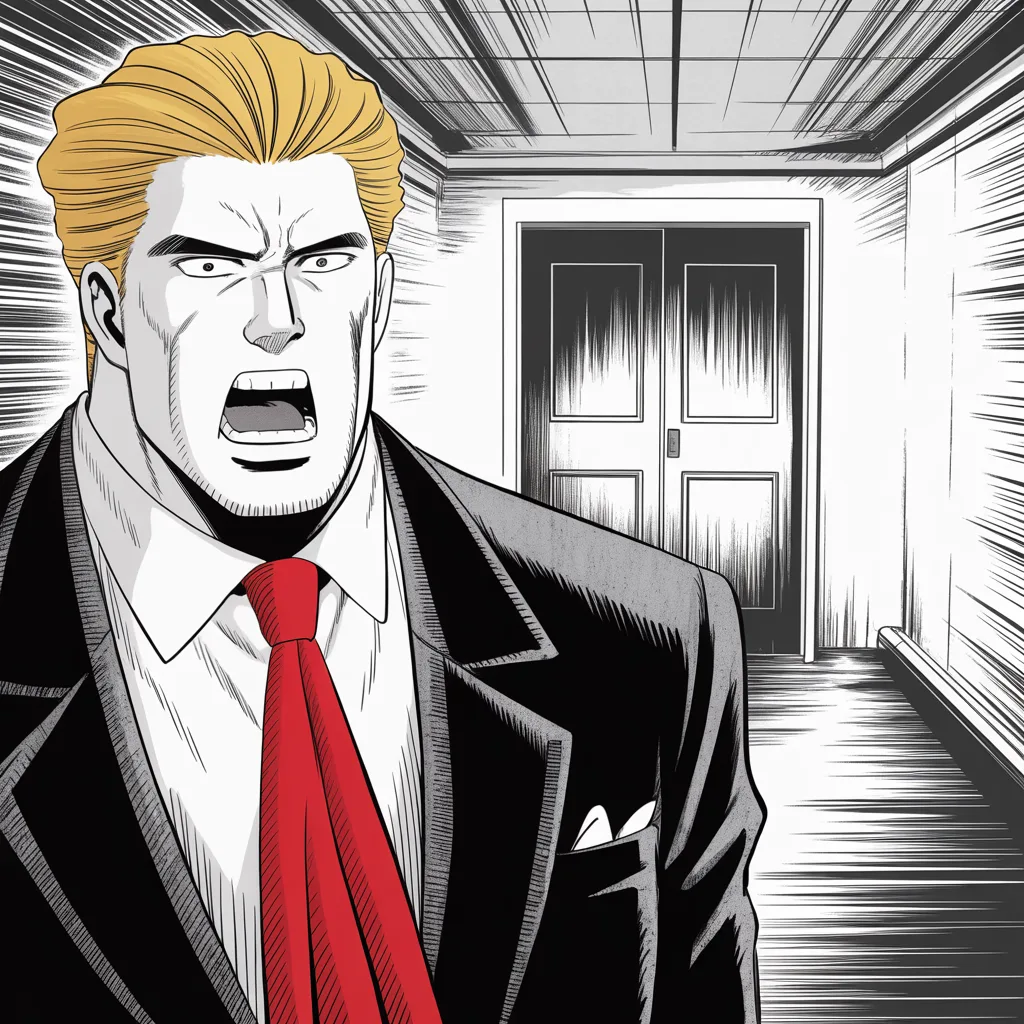Manga panel 4 of 6, Week 533 “RICO”: An appeals court rules the tariffs must go, and he answers that all of them are still in effect because the country will win in the end.
