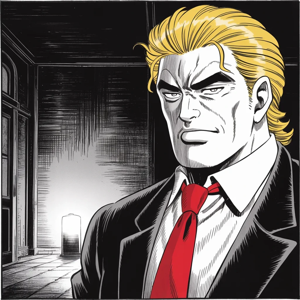 Manga panel 4 of 6, Week 534 “Kinetic Strike”: Before dawn on Friday he writes off two countries at once and wishes them a long and prosperous future together.