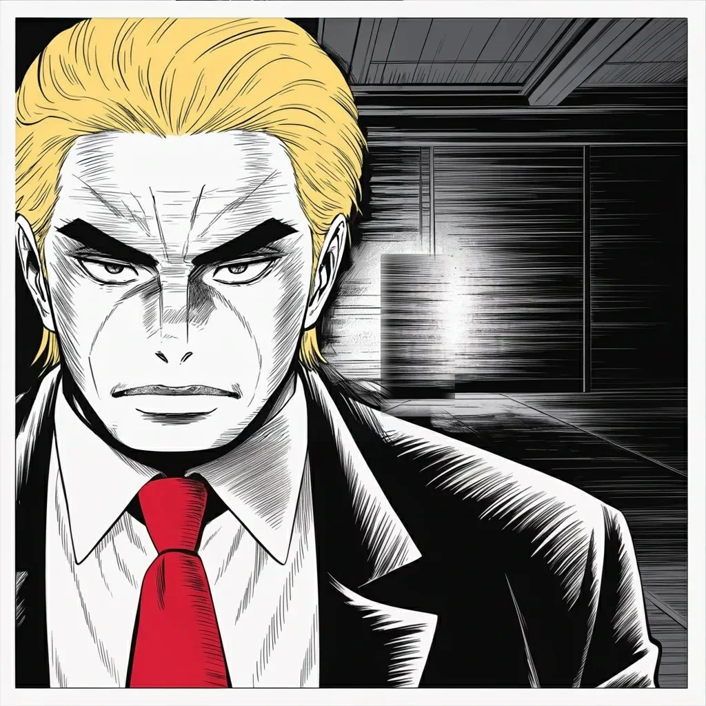 Manga panel 5 of 6, Week 535 “Half Mast”: That night he addresses the country, and the post carrying it says nothing at all except who it is for.