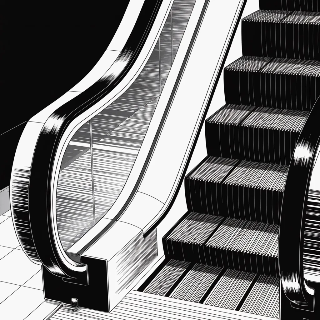 Manga panel 2 of 6, Week 537 “Dirty Cop”: The escalator that carried him into all of this ten years ago has a descendant, and this one stopped under him halfway up.
