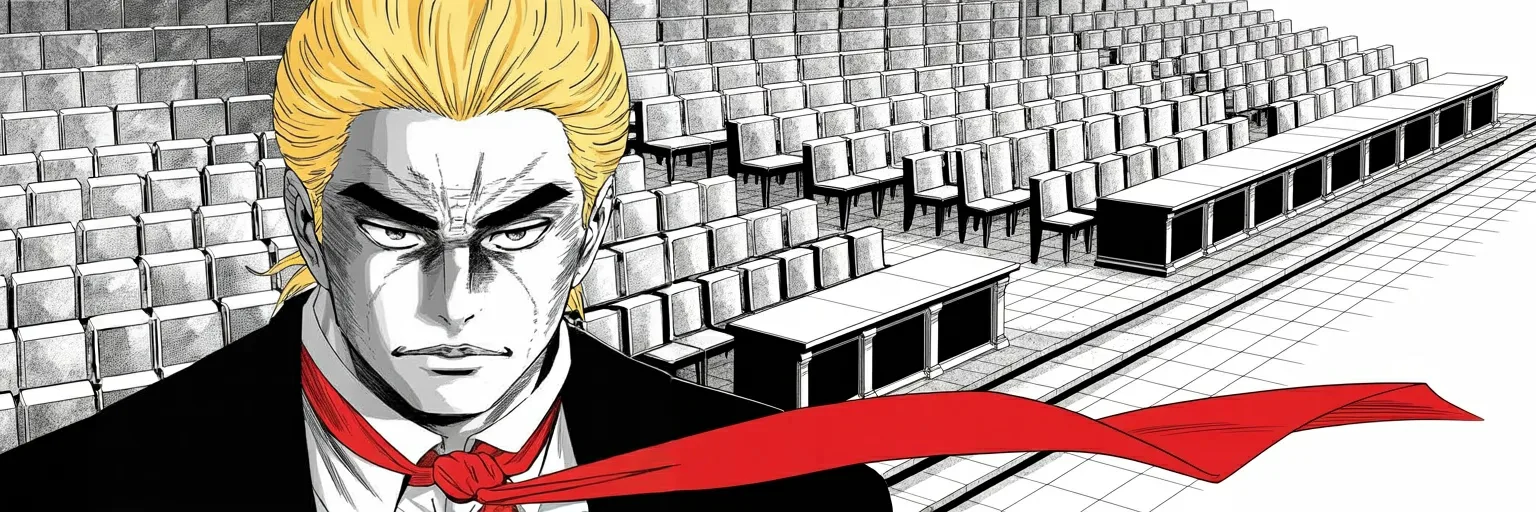 Manga panel 6 of 6, Week 539 “The First Phase”: Monday, in a foreign parliament, twenty hostages come home and he tells the chamber that it is a new beginning.