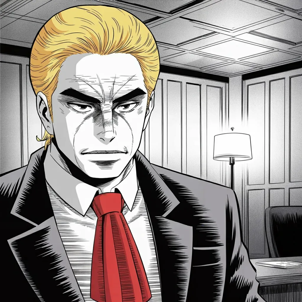 Manga panel 2 of 5, Week 544 “Wacky”: Friday morning the scandal is turned around and handed to the Justice Department as an investigation into other men.