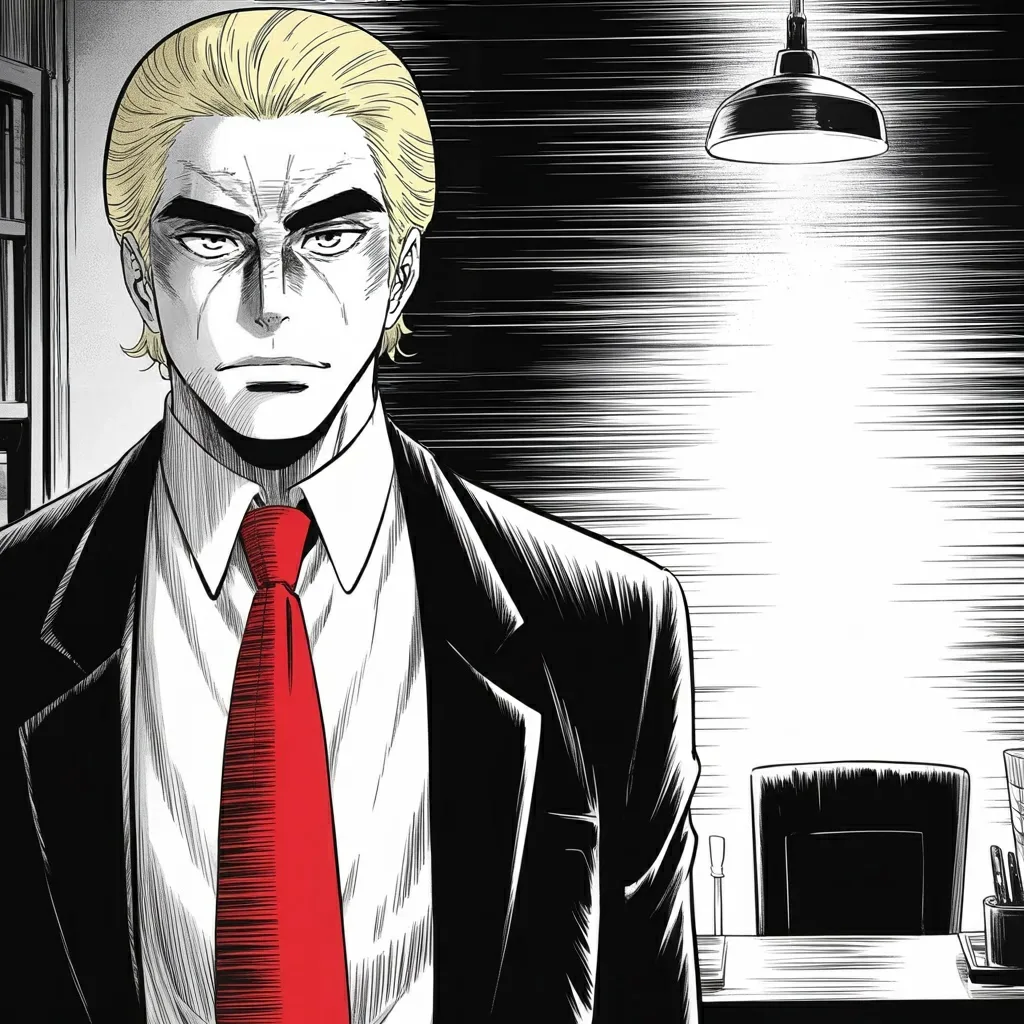 Manga panel 2 of 6, Week 546 “The Autopen”: That evening, at five past nine, he announces he will speak on the attack at a quarter past, sharp.
