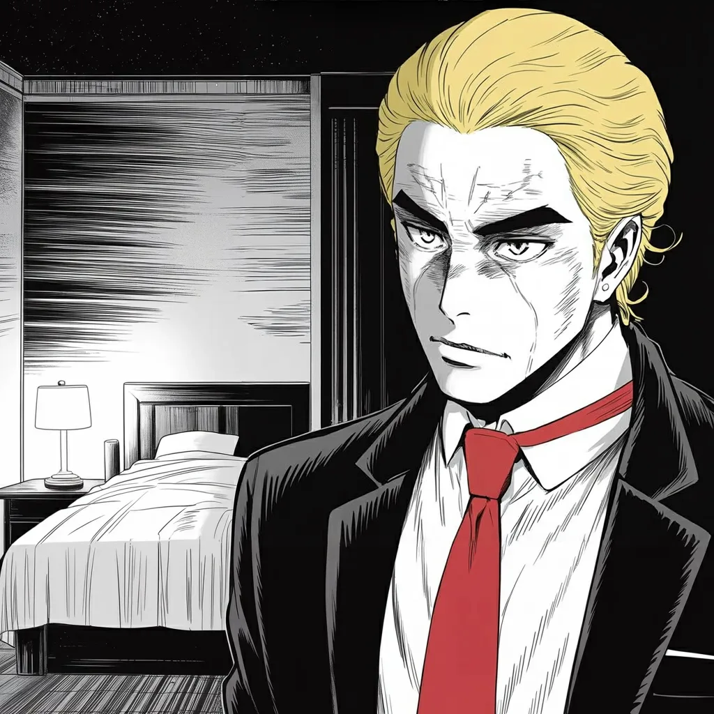 Manga panel 3 of 5, Week 549 “Address to the Nation”: Late that night the raid on his own house, three years gone, is named again: an unreasonable search and seizure.