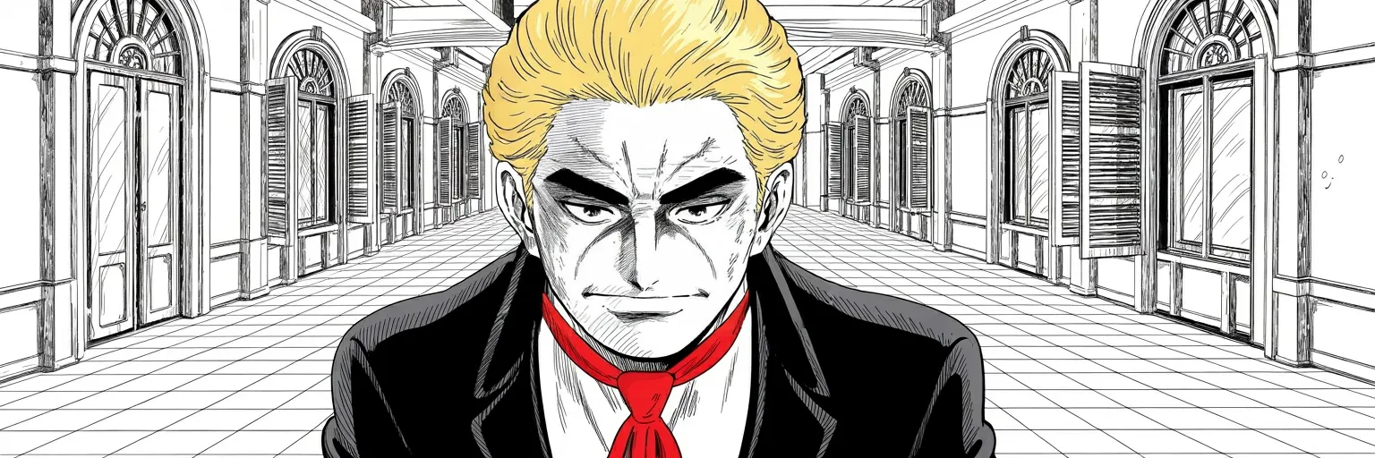 Manga panel 6 of 6, Week 550 “Christmas Night”: Sunday he takes a call from one president before lunch and receives another in this room after it, with the press invited.