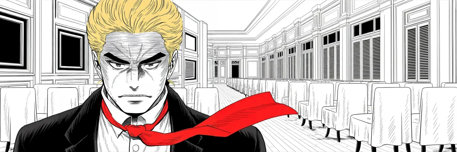 Manga panel 6 of 6, Week 551 “The Iwo Jima”: Monday afternoon, with a head of state in custody, he is posting about a governor and a stolen ten billion.