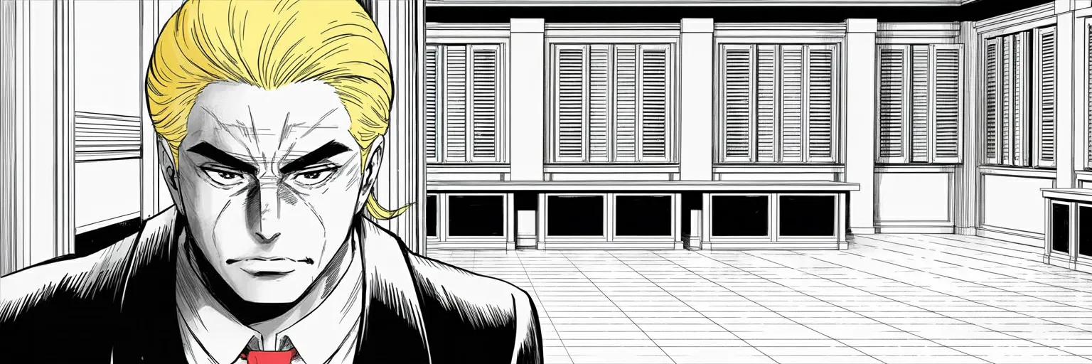 Manga panel 6 of 6, Week 552 “The Spoils”: Monday evening the instrument arrives for the new war too: twenty-five percent on anyone who trades with Iran, an order he calls final.