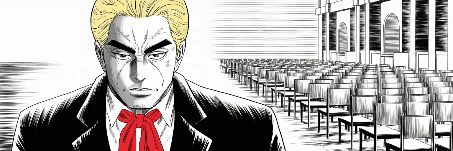 Manga panel 5 of 5, Week 557 “Voter I.D.”: And Sunday the board he chairs is given its horizon: unlimited potential, and five billion pledged for the reconstruction.