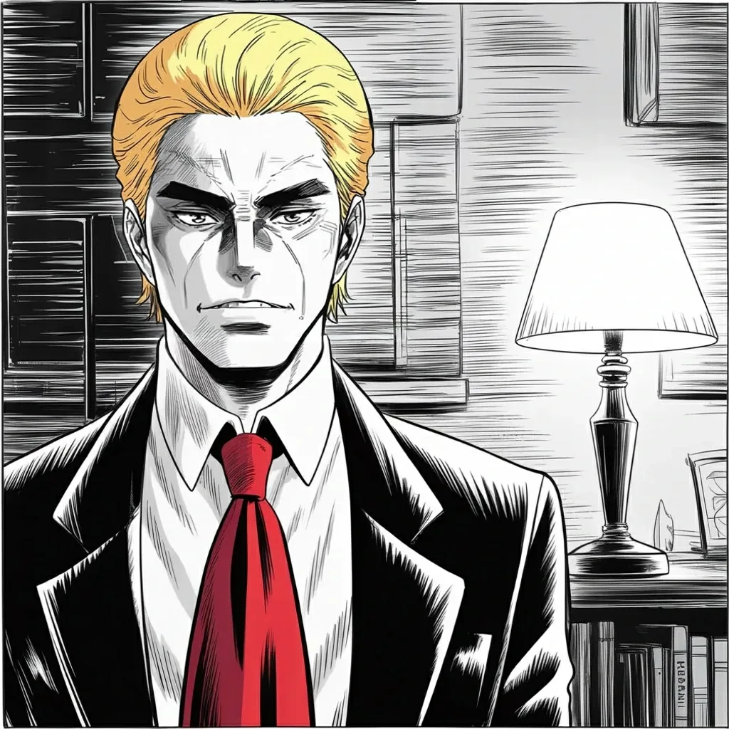 Manga panel 5 of 6, Week 560 “The Surrender”: Sunday night, with a war half-fought, he stops to correct the name of the bill, which he says is much better this way.
