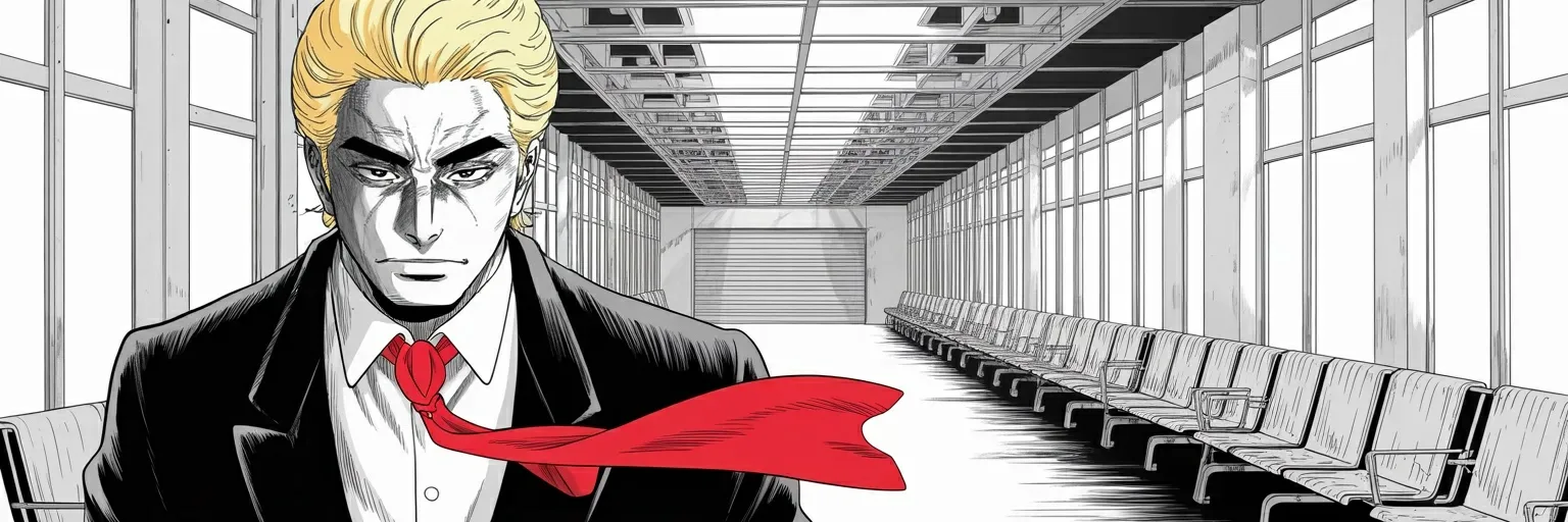 Manga panel 6 of 6, Week 560 “The Surrender”: And Monday a women's football team is about to be sent home to be killed, and he asks for asylum, and offers to take them himself.