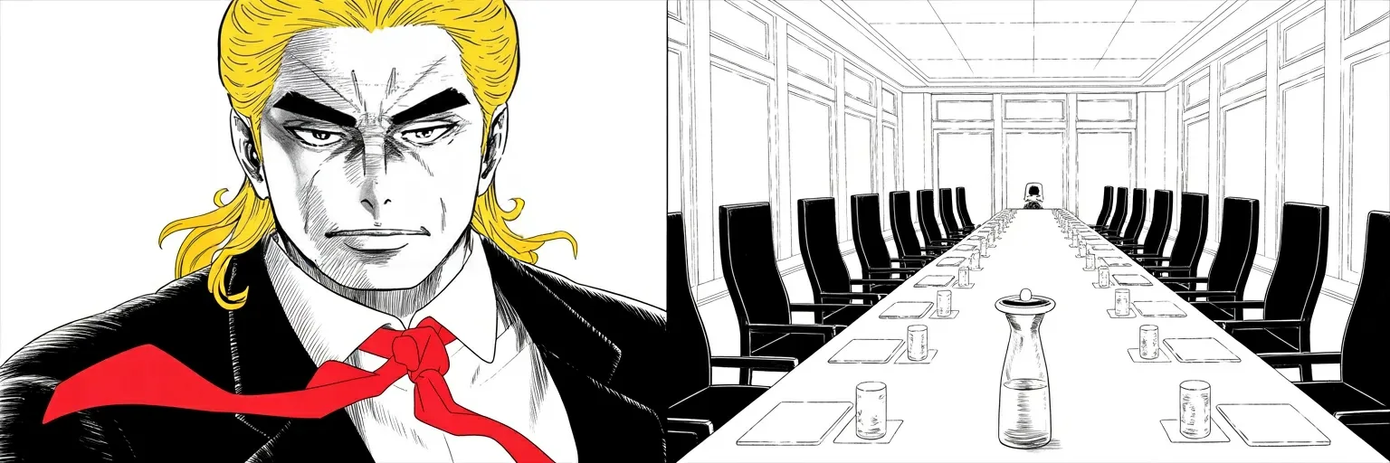 Manga panel 6 of 6, Week 562 “Paper Tiger”: And Monday morning, in capital letters, the strikes are postponed five days because the conversations have been productive.