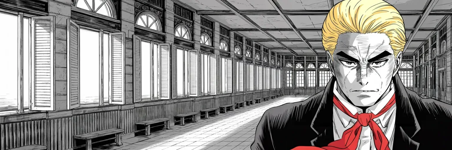 Manga panel 6 of 6, Week 565 “The Blockade”: Monday morning, at ten o'clock exactly, the ships stop moving in and out — and the announcement is one flat line of scheduling.