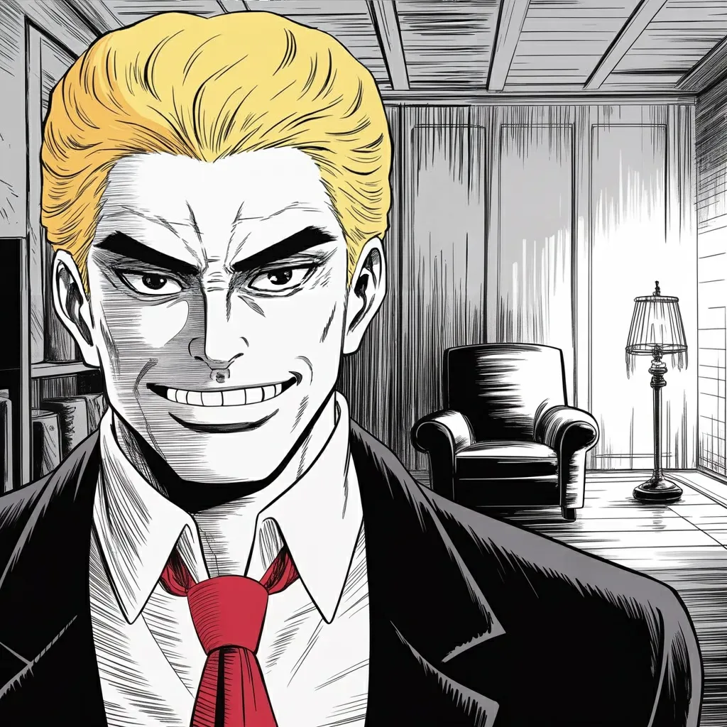 Manga panel 3 of 6, Week 567 “Thirty Minutes”: That evening he is amused: over there they are having a very hard time working out who their leader is.