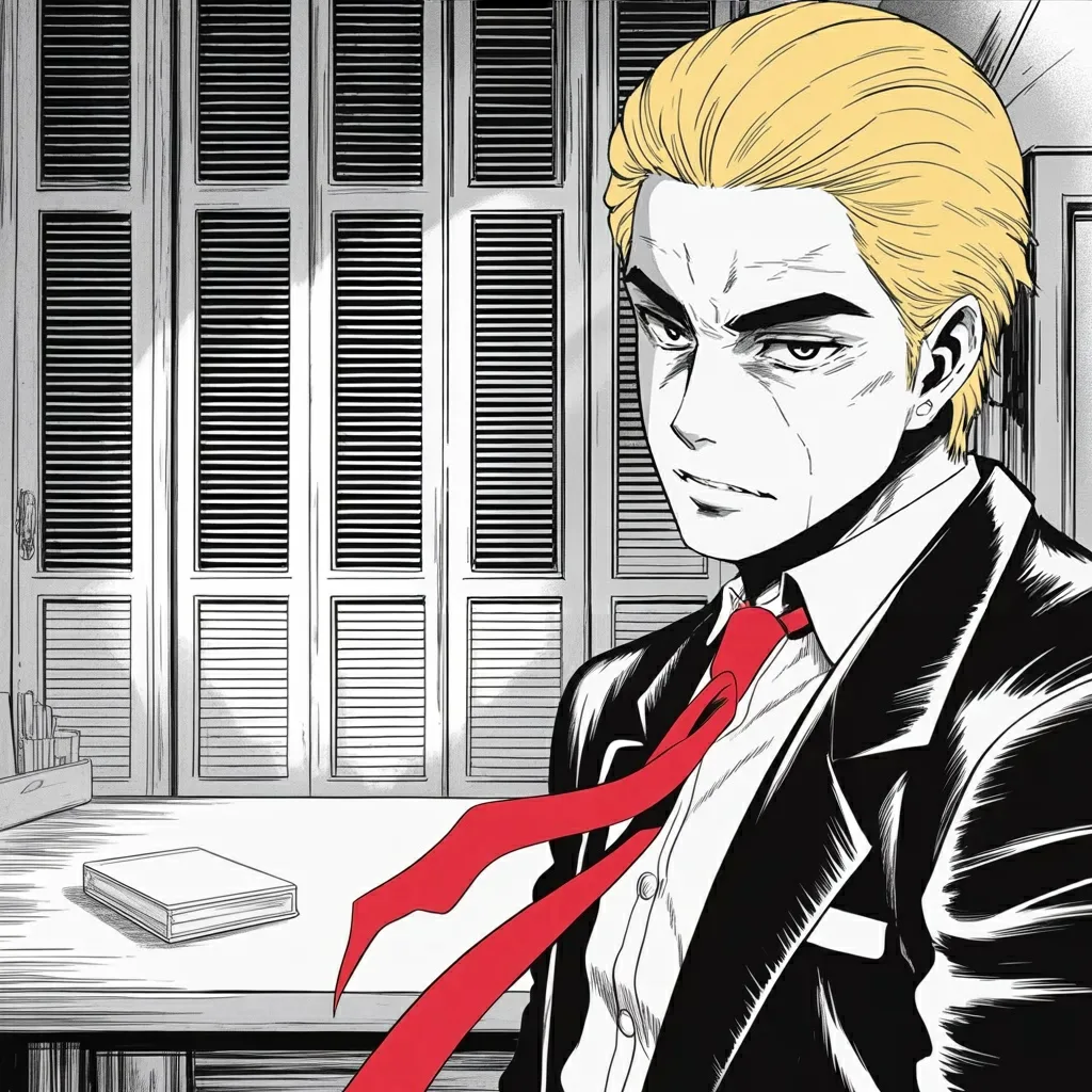 Manga panel 5 of 6, Week 570 “The Invitation”: Monday the terms are written out in full: weapons dropped, hands held high, and a white flag waving.