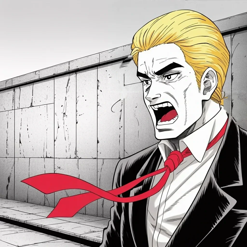 Manga panel 3 of 6, Week 583 “A Wall of Steel”: Friday morning the World War II Memorial is spray-painted — first the reflecting pool, now this — and he asks where these animals come from.