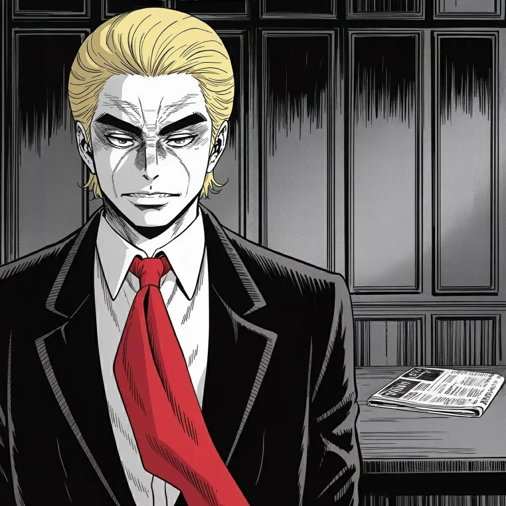 Manga panel 4 of 6, Week 583 “A Wall of Steel”: Friday night, in three thousand characters, the preservation society that sued over the ballroom becomes a band of treasonists who revealed military secrets.
