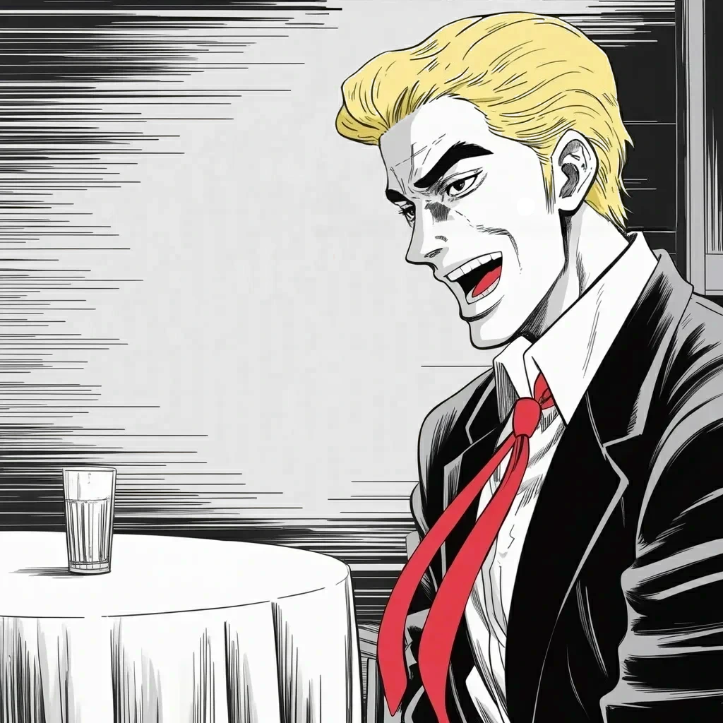 Manga panel 5 of 6, Week 586 “New America”: Sunday night the state that cheats is offered a new name too, so much more prestigious and beautiful: New America. Wow, he loves it.