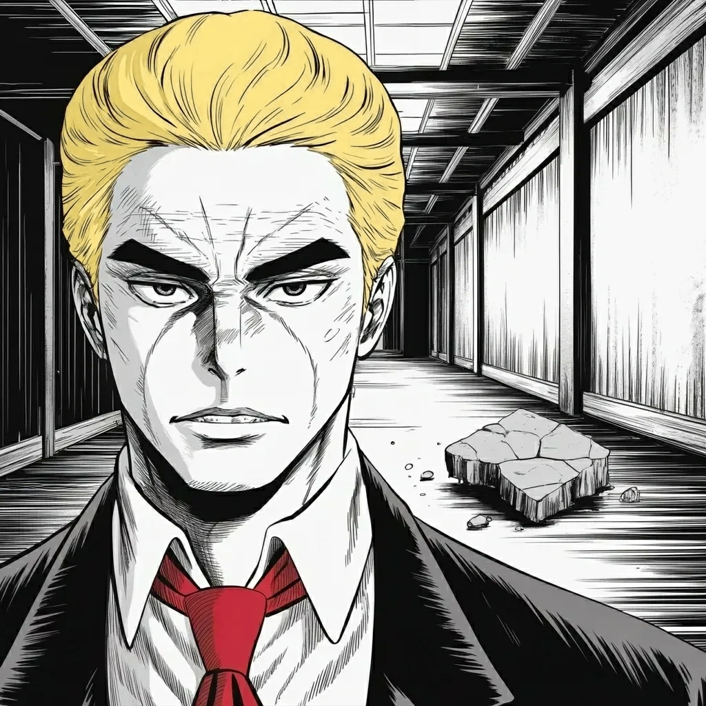 Manga panel 2 of 6, Week 588 “Time Is Our Enemy”: Tuesday before noon a slab of concrete and steel drops from the ceiling of the shuttered arts center a minute after a guard walks past. Time, he writes, is our enemy.
