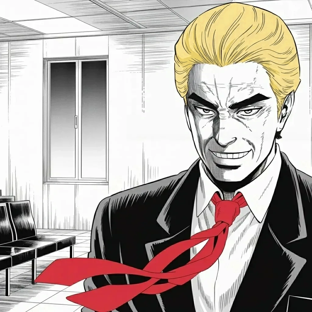 Manga panel 3 of 6, Week 589 “Strong, Vibrant, and Fit”: Thursday morning, the state visit: he met the Chinese president at the plane, and the man looks strong, vibrant and fit, better than ever.