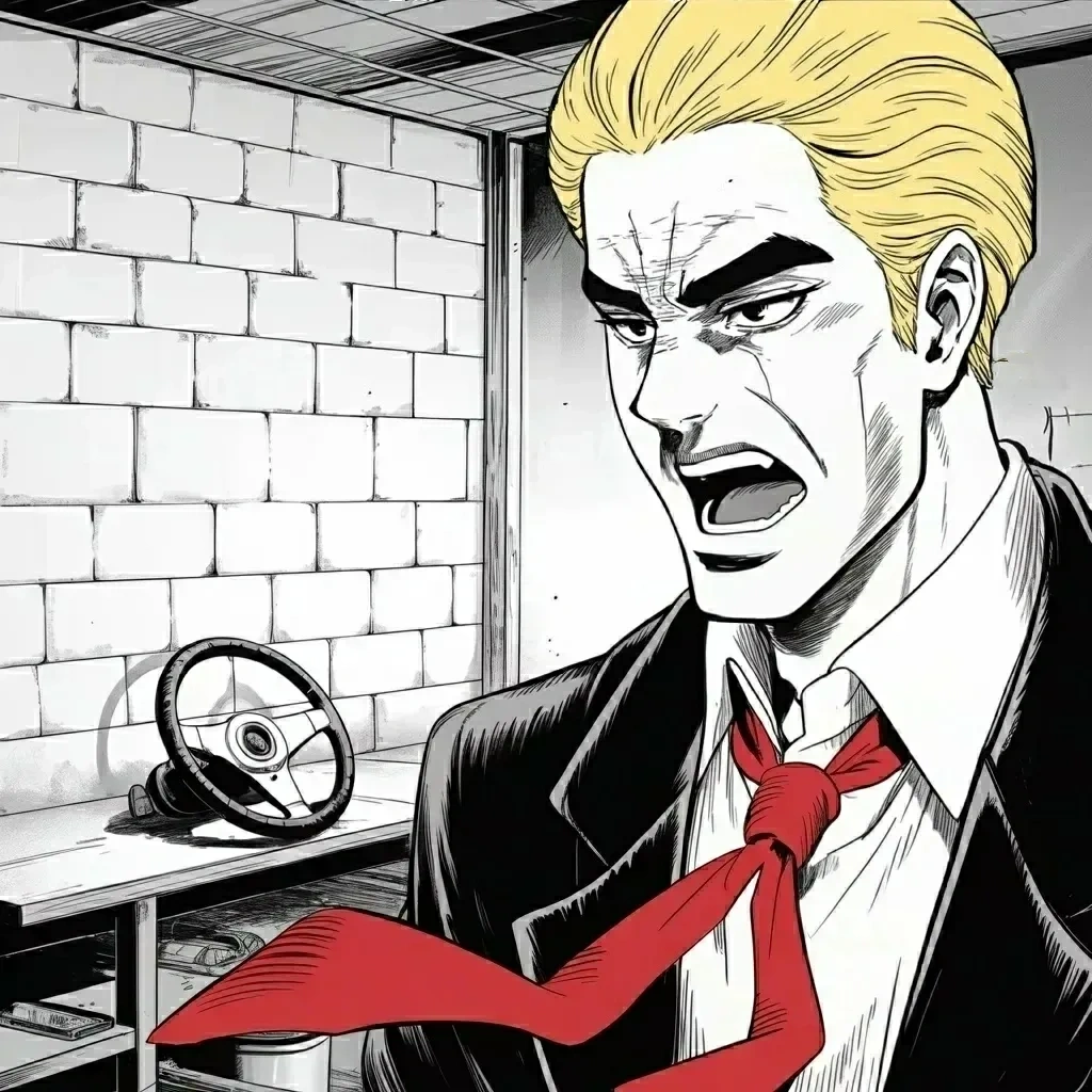 Manga panel 5 of 6, Week 589 “Strong, Vibrant, and Fit”: Saturday afternoon new fuel standards end the electric-car mandate: lower prices, the plants coming back, and a big day for the auto workers.